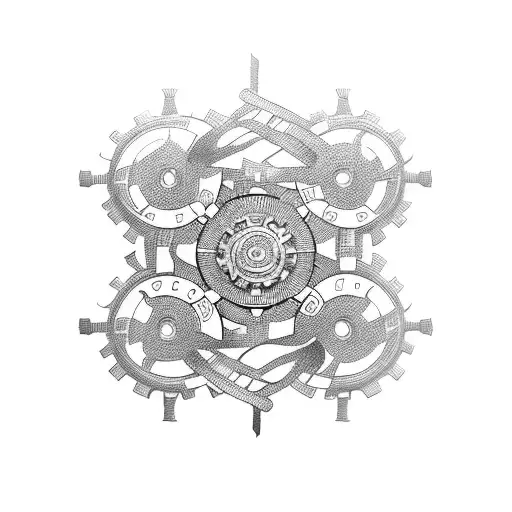 Intricate mechanical gears intertwined with detailed woodwork tattoo design idea