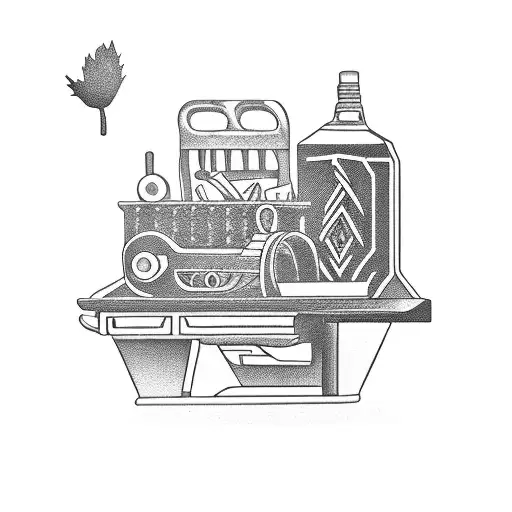 A blackwork tattoo of a wooden workbench covered in car parts and tools tattoo design idea