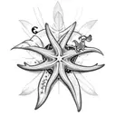 surfboard tatoo with a starfish a flower and a lightning tattoo design idea