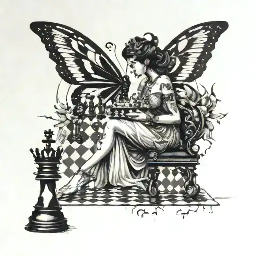 A dancing queen with butterfly wings playing chess on the beach tattoo design idea
