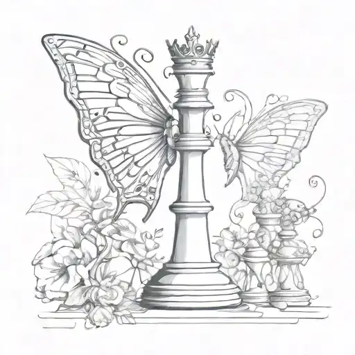A queen chess piece with butterfly wings and musical symbols tattoo design idea