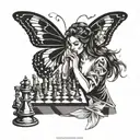 A dancing queen with butterfly wings playing chess on the beach tattoo design idea