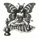A dancing queen with butterfly wings playing chess on the beach tattoo design idea