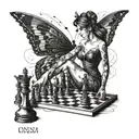 A dancing queen with butterfly wings playing chess on the beach tattoo design idea