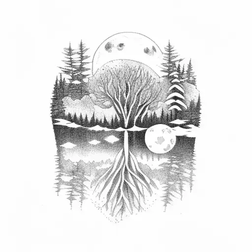 forest and full Moon reflected in a river  tattoo design idea