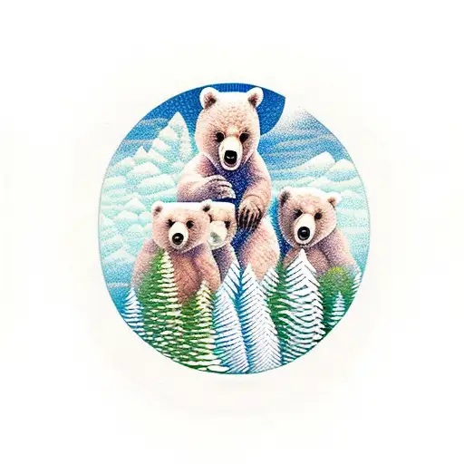 Pine Tree 3 litle bears in the middle tattoo design idea