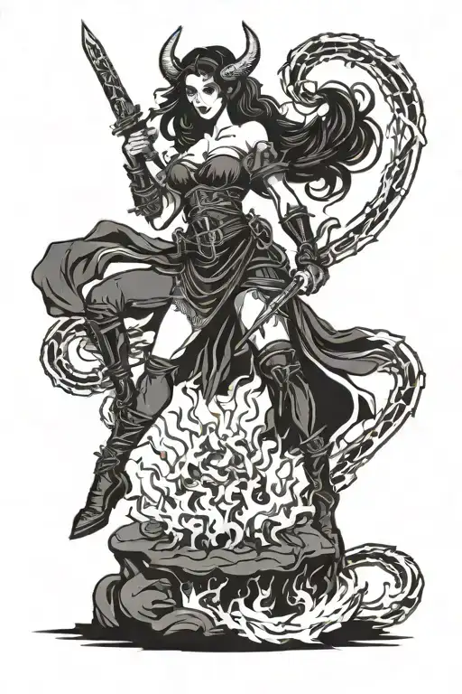devils advocate girl with sword in one hand and balance  in other hand standing in fire  judge inspired badass tattoo  tattoo design idea