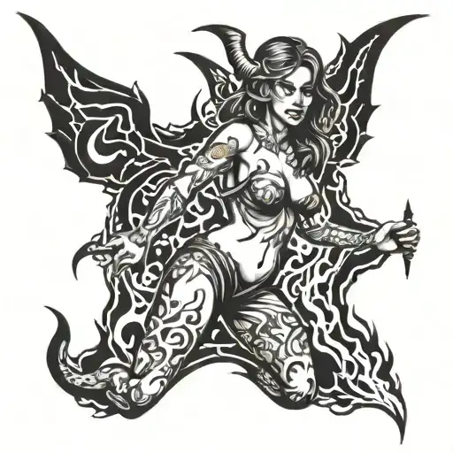 devil's advocate girl standing in fire flames tattoo design idea