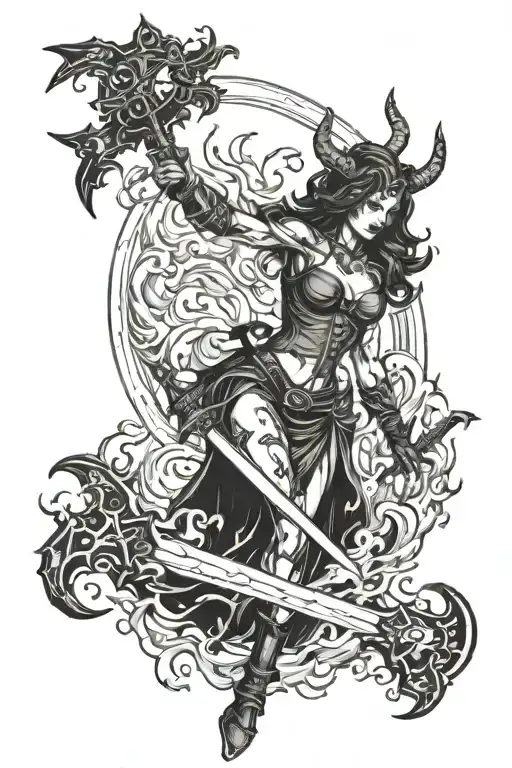 devils advocate girl with sword in one hand and balance in other hand standing in fire  judge inspired badass tattoo  tattoo design idea