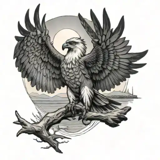 osprey with lake and sun  tattoo design idea
