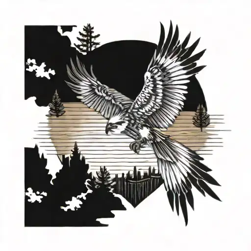 osprey with lake and sun rays tattoo design idea