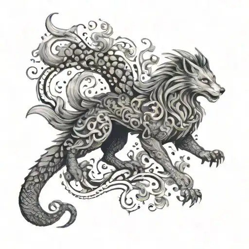 An intricate tattoo design of a mythical creature with nine tails intertwined with elements of nature, such as mountains and rivers, in a dotwork style to create a visually stunning and detailed piece tattoo design idea