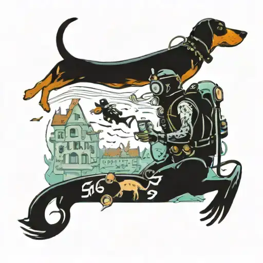 A scuba diver exploring an underwater city with dachshunds swimming alongside tattoo design idea