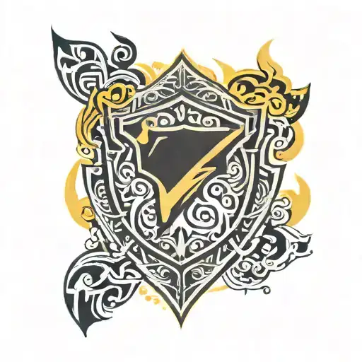 a blue and grey shield surrounded by yellow fire tattoo design idea