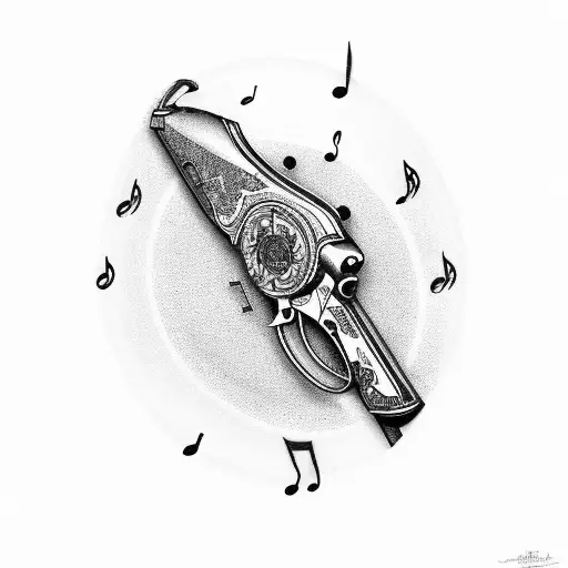 A revolver with music notes as the smoke coming out of the barrel tattoo design idea