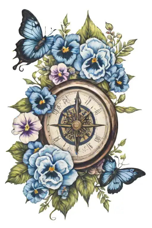 arrow compass blue pansies surrounding them tattoo design idea