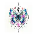 a butterfly with details of it flying with sparkles and a sensation of movement black  tattoo design idea