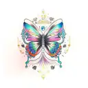 a butterfly with details of it flying with sparkles and a sensation of movement black  tattoo design idea