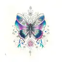 a butterfly with details of it flying with sparkles and a sensation of movement black  tattoo design idea