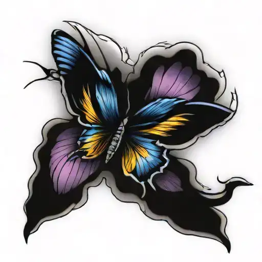 Color tattoo for woman, with one flower violet iris, in the sky one paperplane, a blue butterfly, shadow of fighter plan tattoo design idea