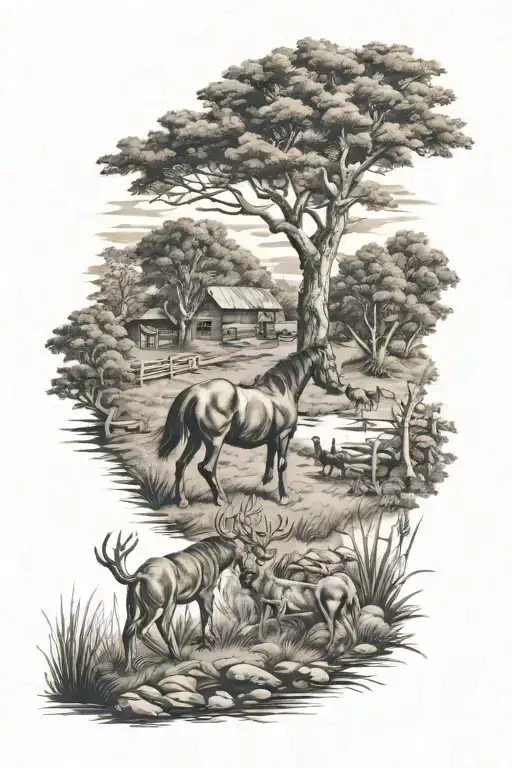 horse farm, deer hunting scene tattoo tattoo design idea