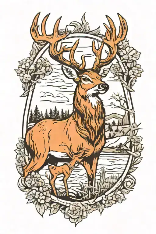 farm, deer hunting scene tattoo tattoo design idea