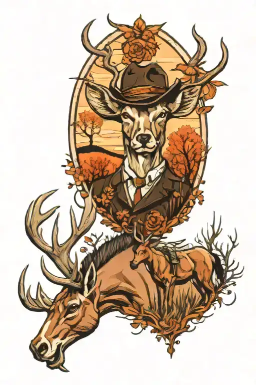 horse farm, deer hunting scene tattoo tattoo design idea