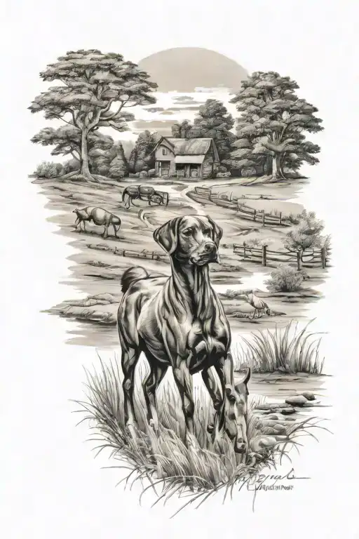 horse farm, deer hunting scene, with charcoal Labrador retriever tattoo design idea