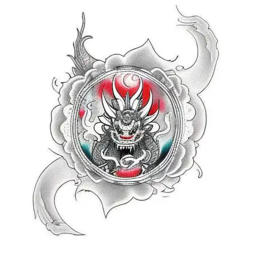 Back tattoo with hannya mask, koi fish, dragon tattoo design idea