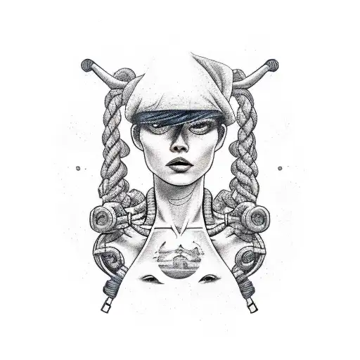 the girl lifts her T-shirt, and instead of her stomach there is a ship and the sea tattoo design idea