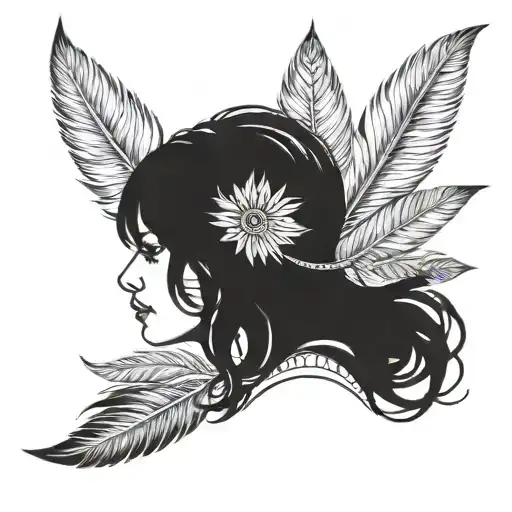 Indiana Woman with black hair and feather  tattoo design idea
