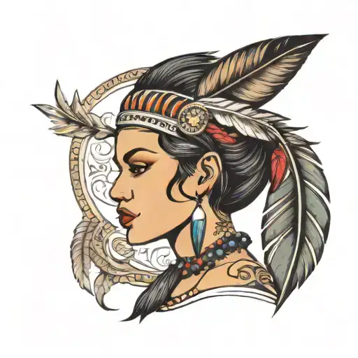 Indiana Woman with black hair and feather  tattoo design idea