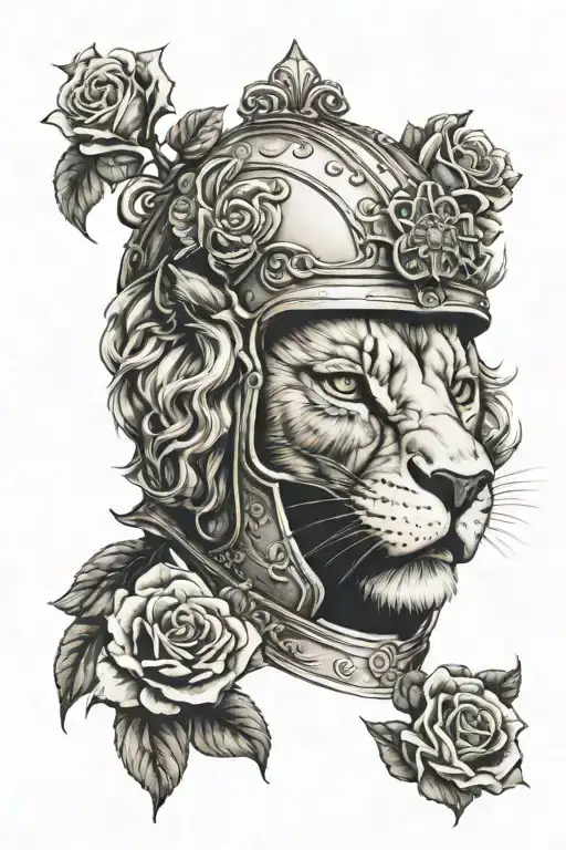 Lion face rose racing helmet tattoo design idea