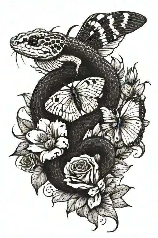 corn snake with roses carnations and lillies and butterflies tattoo design idea