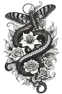 corn snake with roses carnations and lillies and butterflies tattoo design idea
