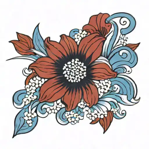 red daisy orienta blue waves tattoo design idea