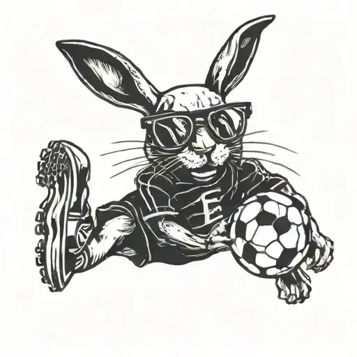 A blackwork tattoo of Bad Bunny kicking a soccer ball with headphones on tattoo design idea