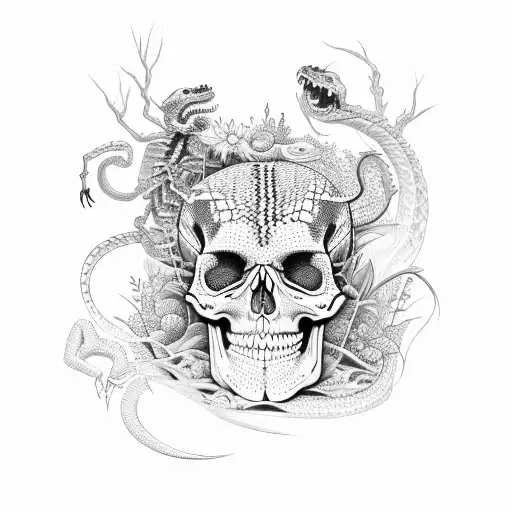 side view of skeleton with snake in skull and body surrounded by wild flowers and small butterflies and dragon flies tattoo design idea