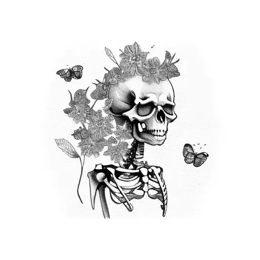 side view of skeleton surrounded by wild flowers and small butterflies and dragon flies tattoo design idea