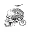 side view of skeleton with snake in skull and body surrounded by wild flowers and small butterflies and dragon flies tattoo design idea