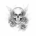 side view of skeleton with snake in skull and body surrounded by wild flowers and small butterflies and dragon flies tattoo design idea