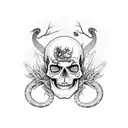 side view of skeleton with snake in skull and body surrounded by wild flowers and small butterflies and dragon flies tattoo design idea