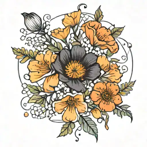 California poppy flowers, orange blossom flowers, & dogwood flowers intertwined in a bouquet with a string of glowsticks tattoo design idea
