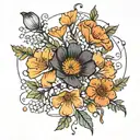 California poppy flowers, orange blossom flowers, & dogwood flowers intertwined in a bouquet with a string of glowsticks tattoo design idea