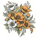 California poppy flowers, orange blossom flowers, & dogwood flowers intertwined in a bouquet with a string of glowsticks tattoo design idea