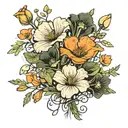 California poppy flowers, orange blossom flowers, & dogwood flowers intertwined in a bouquet with a string of glowsticks tattoo design idea