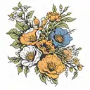 California poppy flowers, orange blossom flowers, & dogwood flowers intertwined in a bouquet with a string of glowsticks tattoo design idea