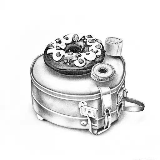 An intricate tattoo of a vintage suitcase filled with art supplies and baking tools, with a doughnut and chocolate bar peeking out tattoo design idea