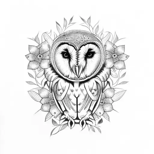 barn owl with blue flowers tattoo design idea