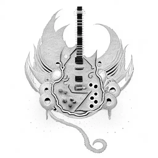 A tattoo design combining elements of Silverchair, Nirvana, and the love for guitars, in a style reminiscent of dotwork tattoo design idea